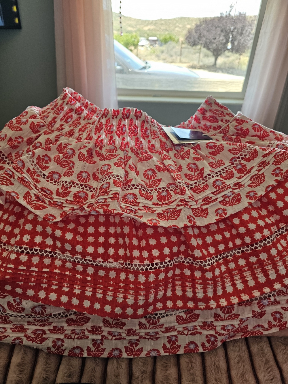 Roller Rabbit Red and White Printed Tiered Midi Skirt